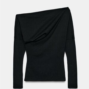 NWT ZARA Black Long-Sleeve Asymmetric Neck Soft Top Size S